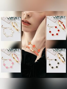 18K Gold Plated H Bangle and Lucky Five Leaf Clover Bracelet Set
